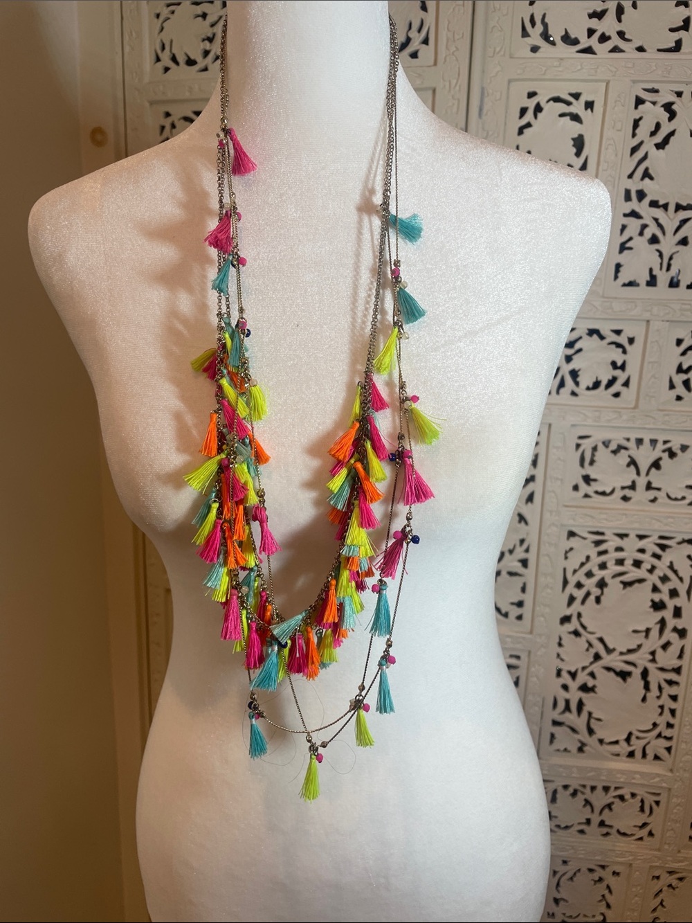 Colorful Multi-Tassel Layered Necklace - Pink, Teal, Neon Yellow